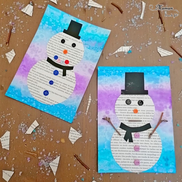 Activité manuelle et créative enfants - Bonhommes de neige avec des pages de livre, des boutons, des bâtons et du papier - Découpage et collage - Fond hivernal avec encre et gros sel - Bleu et violet - Technique pour fond Hiver - Récup - recyclage de livres abimés - Bricolage et Créativité - arts visuels Elémentaire, maternelle, Cycle 1, 2 - mslf