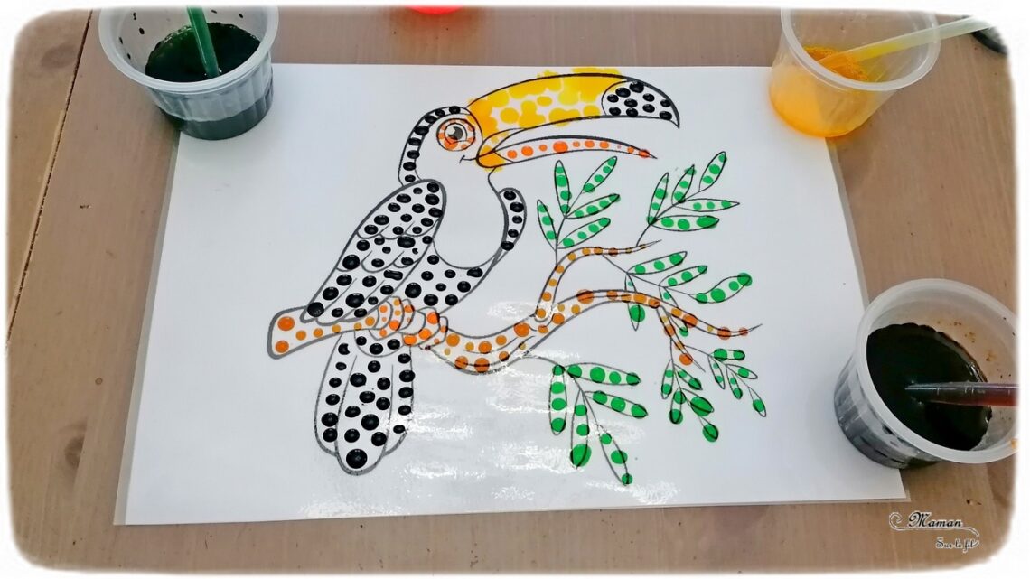 Activité créative enfants - Colorier un toucan avec des gouttes eau colorées - Motricité fine, art éphémère, patience et précision - Pipettes et encre - Pince et préhension doigts - Créativité - Amérique du Sud et Brésil- Découverte d'un pays - Espace et géographie - Animaux de la jungle et oiseaux - arts visuels et atelier maternelle et Cycle 1 et 2 - mslf