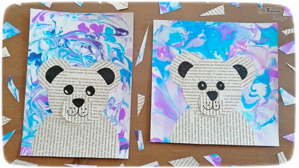 Activité manuelle et créative enfants - Ours blancs polaires avec des pages de livres et dessin - Découpage et collage - Effet de relief - Fond marbré hivernal avec technique de la mousse à raser et de l'encre - Bleu et violet - Technique pour fond Hiver - Récup - recyclage de livres abimés - Bricolage et Créativité - Banquise, animaux du froid - arts visuels Elémentaire, maternelle, Cycle 1, 2 - mslf