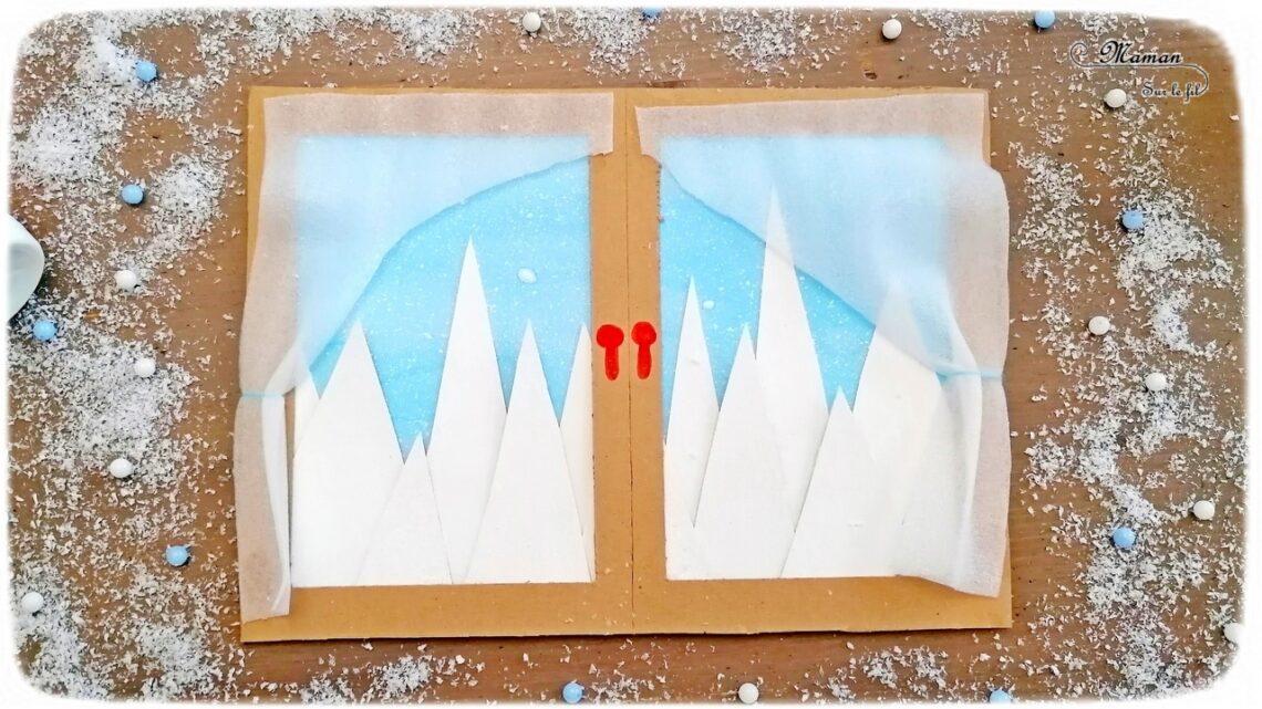 Activité manuelle et créative enfants - Créer une vue de paysage de montagnes enneigées à travers la fenêtre - Neige et Rideaux - En récup' - Carton, emballages, film protecteur - Encre, peinture, découpage, collage - Effet de relief - Neige à la peinture à la brosse à dents - recyclage et surcyclage - Bricolage et Créativité Hiver - arts visuels Elémentaire, maternelle, Cycle 1, 2 - mslf