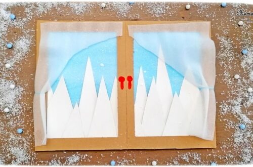 Activité manuelle et créative enfants - Créer une vue de paysage de montagnes enneigées à travers la fenêtre - Neige et Rideaux - En récup' - Carton, emballages, film protecteur - Encre, peinture, découpage, collage - Effet de relief - Neige à la peinture à la brosse à dents - recyclage et surcyclage - Bricolage et Créativité Hiver - arts visuels Elémentaire, maternelle, Cycle 1, 2 - mslf