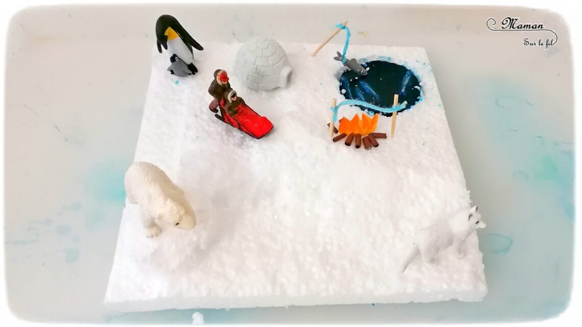 Activité enfants - Créer un mini-monde Banquise en récup' - Bricolage DIY facile - Invitation à jouer fait maison - Camp esquimaux : igloo, trou de pêche, feu, figurines - Animaux du froid et de la banquise - Polystyrène, papier, cure-dents et gélatine - recyclage et surcyclage - Bricolage et Créativité Hiver - Antarctique et Arctique - mslf