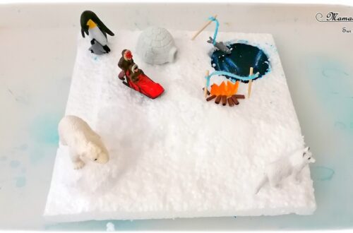 Activité enfants - Créer un mini-monde Banquise en récup' - Bricolage DIY facile - Invitation à jouer fait maison - Camp esquimaux : igloo, trou de pêche, feu, figurines - Animaux du froid et de la banquise - Polystyrène, papier, cure-dents et gélatine - recyclage et surcyclage - Bricolage et Créativité Hiver - Antarctique et Arctique - mslf