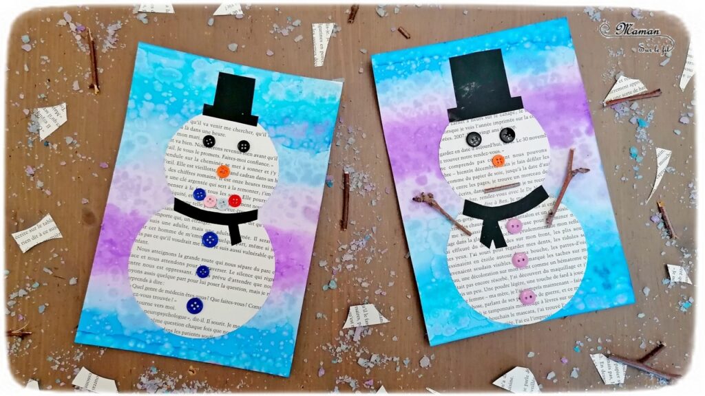 Activité manuelle et créative enfants - Bonhommes de neige avec des pages de livre, des boutons, des bâtons et du papier - Découpage et collage - Fond hivernal avec encre et gros sel - Bleu et violet - Technique pour fond Hiver - Récup - recyclage de livres abimés - Bricolage et Créativité - arts visuels Elémentaire, maternelle, Cycle 1, 2 - mslf