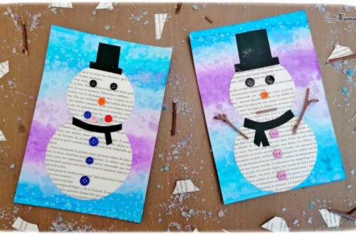 Activité manuelle et créative enfants - Bonhommes de neige avec des pages de livre, des boutons, des bâtons et du papier - Découpage et collage - Fond hivernal avec encre et gros sel - Bleu et violet - Technique pour fond Hiver - Récup - recyclage de livres abimés - Bricolage et Créativité - arts visuels Elémentaire, maternelle, Cycle 1, 2 - mslf