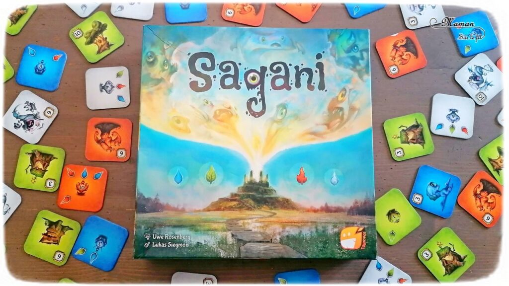 Jeu de société enfants et adultes - Sagani chez Funforge - Jeu de choix et de placement de tuiles très stratégique - Esprits de la nature à révéler - 4 éléments (feu, eau, terre, air) - Organisation et efficacité demandées - 8 ans et plus - Variante pour jouer seul - Solo - Test et avis - mslf