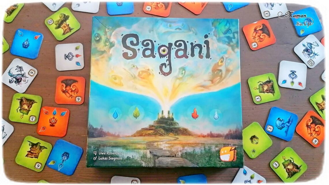 Jeu de société enfants et adultes - Sagani chez Funforge - Jeu de choix et de placement de tuiles très stratégique - Esprits de la nature à révéler - 4 éléments (feu, eau, terre, air) - Organisation et efficacité demandées - 8 ans et plus - Variante pour jouer seul - Solo - Test et avis - mslf