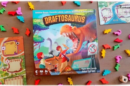 Jeu de société enfants et adultes - Draftosaurus chez Ankama - Jeu de plateau, de draft (on passe les pions à son voisin), de stratégie, de hasard (avec les contraintes du dé), de placement de pions - Créer ton zoo ou ton parc de dinosaures - Organisation et réflexion - 2 niveaux de jeu - Pour fans de dinos ou pas - 8 ans et plus - Test et avis - mslf