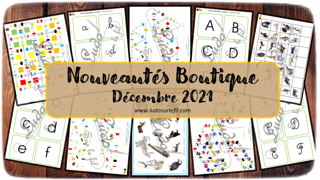 Nouveautés de décembre 2021 - Boutique en ligne Ludo sur le fil - fichiers jeux pdf à télécharger et imprimer ou jeux imprimés envoyés à domicile - Hiver, Animaux, Froid et banquise, Formes, couleurs, logique, lettres, écriture - Cartes classifiées Montessori, puzzles, cherche et trouve - atelier autocorrectif multi niveaux donc progressif - discrimination visuelle - mslf