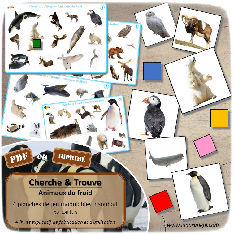 Jeu de cherche et trouve - Animaux du froid (banquise et montagne) - 4 plateaux modulables pour 4 niveaux progressifs - de 13 à 52 photos - Discrimination visuelle, rapidité, jeu de société - Atelier maternelle - Jeu à télécharger et à imprimer ou jeu imprimé - Format PDF - lslf