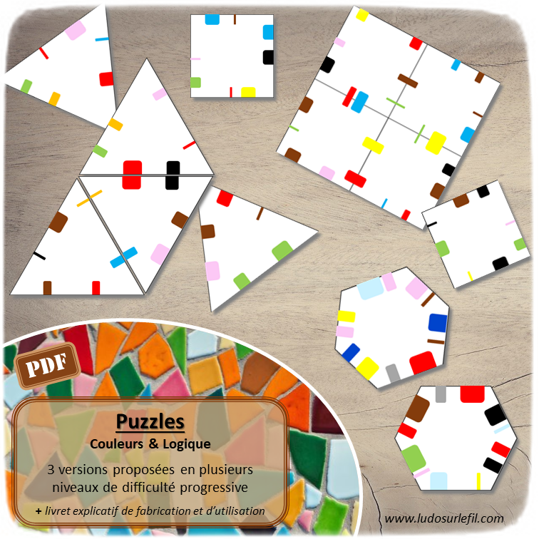 Puzzles Formes, Couleurs et Logique - Associe les formes en fonction des bandes de couleur, leur taille et leur emplacement - Observation et discrimination visuelle - 3 versions : triangles, carrés, hexagones - 3 ou 4 niveaux progressifs - Atelier maternelle et élémentaire -Cycle 1 ou 2 - Jeu à télécharger et à imprimer - Format PDF - lslf