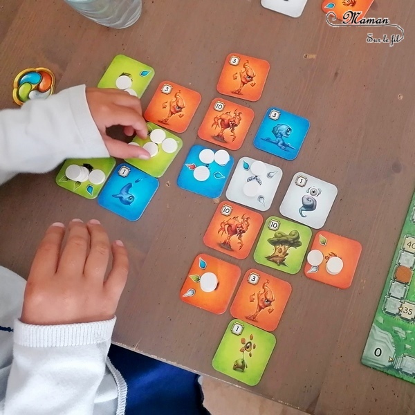 Jeu de société enfants et adultes - Sagani chez Funforge - Jeu de choix et de placement de tuiles très stratégique - Esprits de la nature à révéler - 4 éléments (feu, eau, terre, air) - Organisation et efficacité demandées - 8 ans et plus - Variante pour jouer seul - Solo - Test et avis - mslf