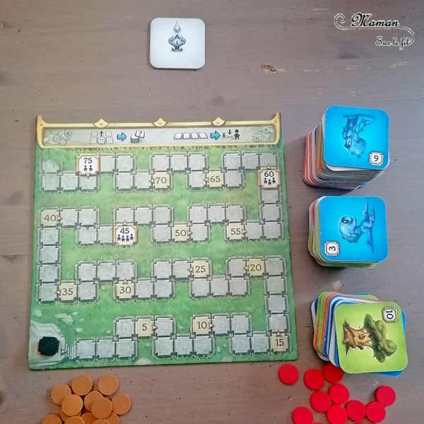 Jeu de société enfants et adultes - Sagani chez Funforge - Jeu de choix et de placement de tuiles très stratégique - Esprits de la nature à révéler - 4 éléments (feu, eau, terre, air) - Organisation et efficacité demandées - 8 ans et plus - Variante pour jouer seul - Solo - Test et avis - mslf