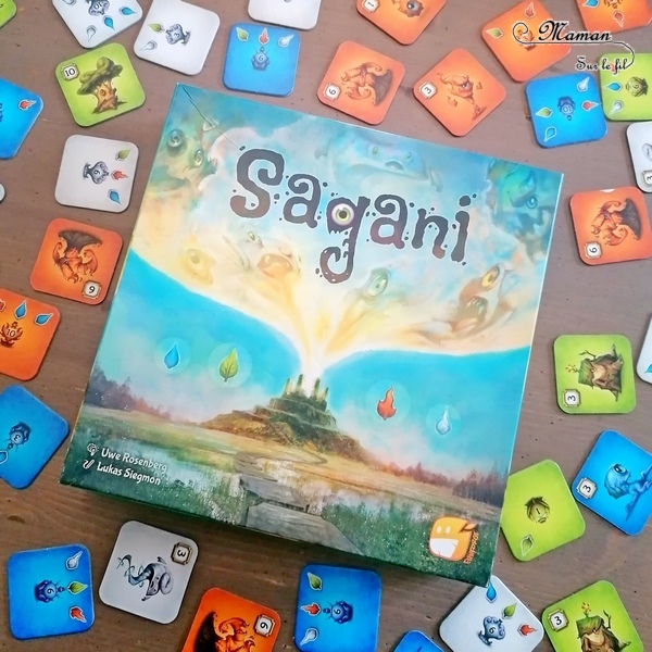 Jeu de société enfants et adultes - Sagani chez Funforge - Jeu de choix et de placement de tuiles très stratégique - Esprits de la nature à révéler - 4 éléments (feu, eau, terre, air) - Organisation et efficacité demandées - 8 ans et plus - Variante pour jouer seul - Solo - Test et avis - mslf