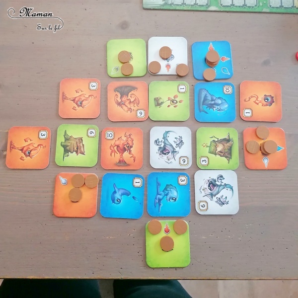 Jeu de société enfants et adultes - Sagani chez Funforge - Jeu de choix et de placement de tuiles très stratégique - Esprits de la nature à révéler - 4 éléments (feu, eau, terre, air) - Organisation et efficacité demandées - 8 ans et plus - Variante pour jouer seul - Solo - Test et avis - mslf