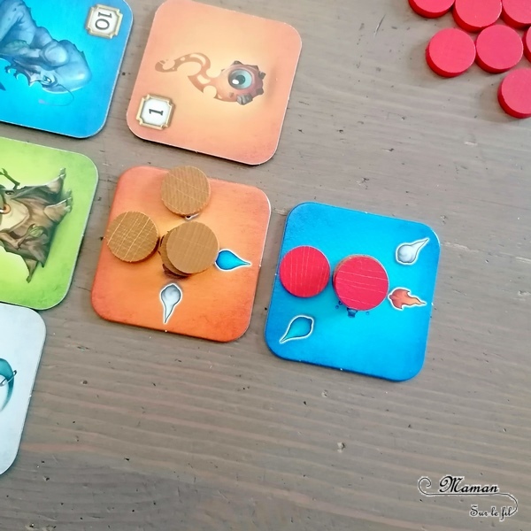 Jeu de société enfants et adultes - Sagani chez Funforge - Jeu de choix et de placement de tuiles très stratégique - Esprits de la nature à révéler - 4 éléments (feu, eau, terre, air) - Organisation et efficacité demandées - 8 ans et plus - Variante pour jouer seul - Solo - Test et avis - mslf