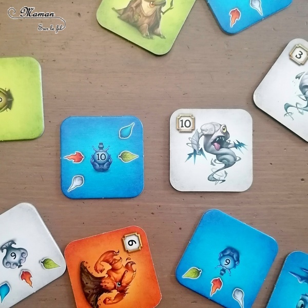 Jeu de société enfants et adultes - Sagani chez Funforge - Jeu de choix et de placement de tuiles très stratégique - Esprits de la nature à révéler - 4 éléments (feu, eau, terre, air) - Organisation et efficacité demandées - 8 ans et plus - Variante pour jouer seul - Solo - Test et avis - mslf