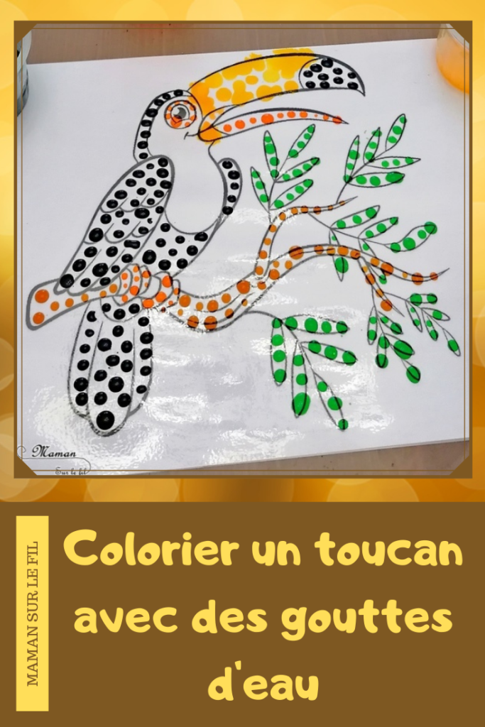 Activité créative enfants - Colorier un toucan avec des gouttes eau colorées - Motricité fine, art éphémère, patience et précision - Pipettes et encre - Pince et préhension doigts - Créativité - Amérique du Sud et Brésil- Découverte d'un pays - Espace et géographie - Animaux de la jungle et oiseaux - arts visuels et atelier maternelle et Cycle 1 et 2 - mslf