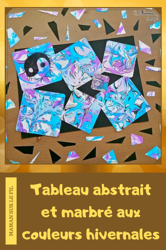 Activité manuelle et créative enfants - Tableau abstrait et marbré aux couleurs hivernales - Technique de la mousse à raser et de l'encre - Bleu et violet - Dessin et graphismes au feutre noir - Technique pour fond Hiver - Bricolage et Créativité - Œuvre collaborative - Banquise, aurore boréale - arts visuels Elémentaire, maternelle, Cycle 1, 2 - mslf