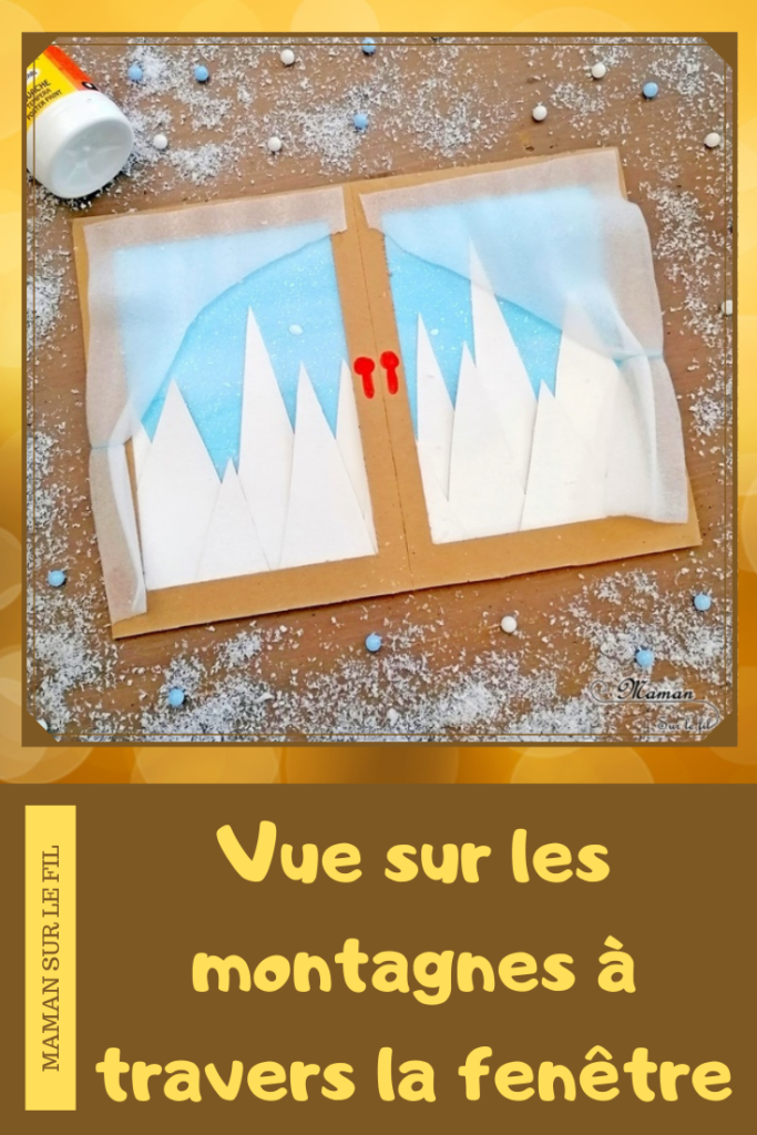 Activité manuelle et créative enfants - Créer une vue de paysage de montagnes enneigées à travers la fenêtre - Neige et Rideaux - En récup' - Carton, emballages, film protecteur - Encre, peinture, découpage, collage - Effet de relief - Neige à la peinture à la brosse à dents - recyclage et surcyclage - Bricolage et Créativité Hiver - arts visuels Elémentaire, maternelle, Cycle 1, 2 - mslf