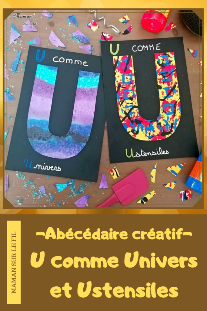 Abécédaire créatif - U comme Univers et Ustensiles - activité manuelle et créative enfants - Encre et gros sel - lignes horizontales - technique peinture avec ustensiles de cuisine - fouet, spatule... - apprentissage lettres alphabet - maternelle - Alphabets lettres creuses gratuit - créative - Projet Maternelle Cycle 1 - mslf