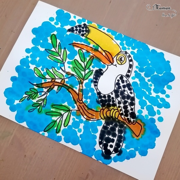 Activité créative enfants - Colorier un toucan avec des pipettes et des gouttes eau colorées - Motricité fine, patience et précision - Pipettes et encre - Pince et préhension doigts - Créativité - Amérique du Sud et Brésil- Découverte d'un pays - Espace et géographie - Animaux de la jungle et oiseaux - arts visuels et atelier maternelle et Cycle 1 et 2 - mslf