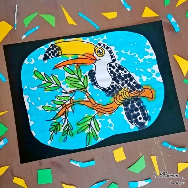 Activité créative enfants - Colorier un toucan avec des pipettes et des gouttes eau colorées - Motricité fine, patience et précision - Pipettes et encre - Pince et préhension doigts - Créativité - Amérique du Sud et Brésil- Découverte d'un pays - Espace et géographie - Animaux de la jungle et oiseaux - arts visuels et atelier maternelle et Cycle 1 et 2 - mslf