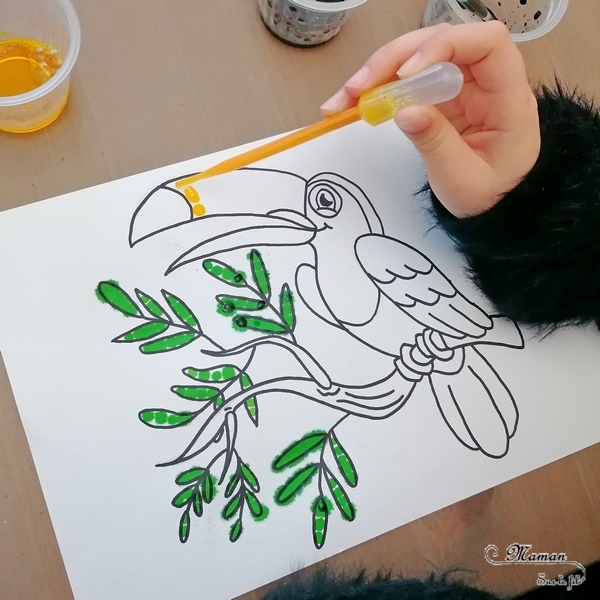 Activité créative enfants - Colorier un toucan avec des pipettes et des gouttes eau colorées - Motricité fine, patience et précision - Pipettes et encre - Pince et préhension doigts - Créativité - Amérique du Sud et Brésil- Découverte d'un pays - Espace et géographie - Animaux de la jungle et oiseaux - arts visuels et atelier maternelle et Cycle 1 et 2 - mslf