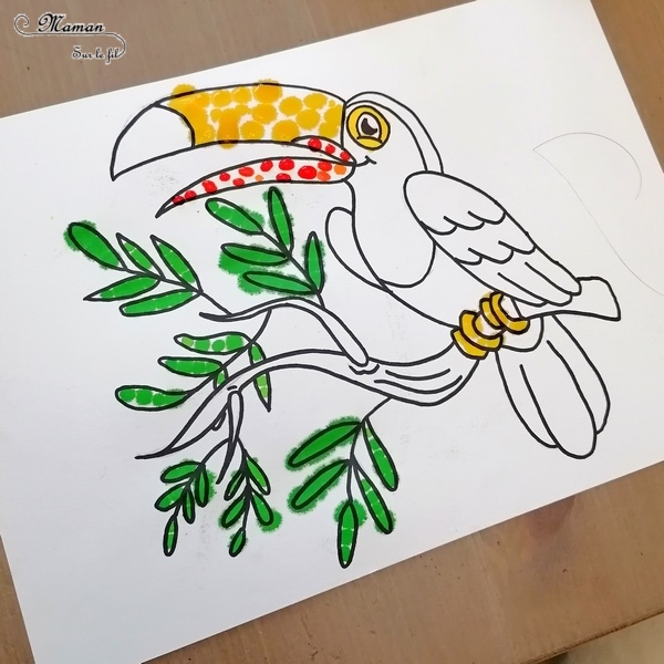 Activité créative enfants - Colorier un toucan avec des pipettes et des gouttes eau colorées - Motricité fine, patience et précision - Pipettes et encre - Pince et préhension doigts - Créativité - Amérique du Sud et Brésil- Découverte d'un pays - Espace et géographie - Animaux de la jungle et oiseaux - arts visuels et atelier maternelle et Cycle 1 et 2 - mslf