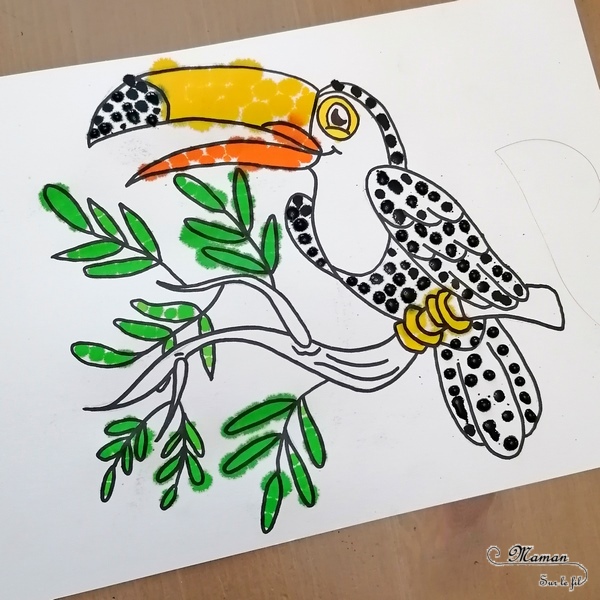 Activité créative enfants - Colorier un toucan avec des pipettes et des gouttes eau colorées - Motricité fine, patience et précision - Pipettes et encre - Pince et préhension doigts - Créativité - Amérique du Sud et Brésil- Découverte d'un pays - Espace et géographie - Animaux de la jungle et oiseaux - arts visuels et atelier maternelle et Cycle 1 et 2 - mslf