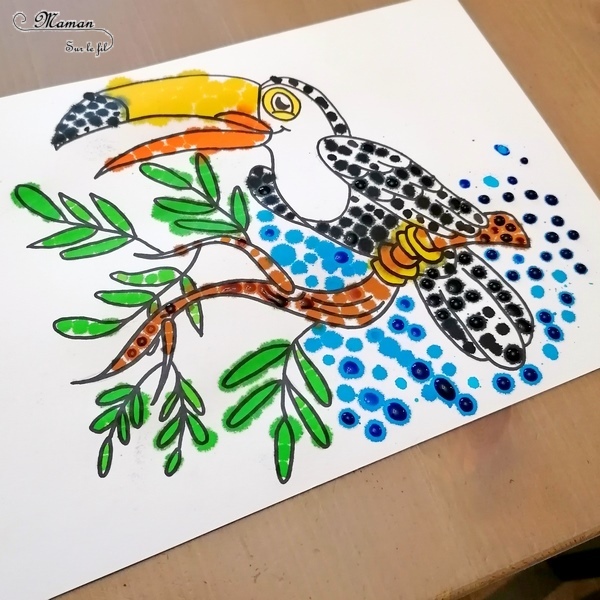 Activité créative enfants - Colorier un toucan avec des pipettes et des gouttes eau colorées - Motricité fine, patience et précision - Pipettes et encre - Pince et préhension doigts - Créativité - Amérique du Sud et Brésil- Découverte d'un pays - Espace et géographie - Animaux de la jungle et oiseaux - arts visuels et atelier maternelle et Cycle 1 et 2 - mslf