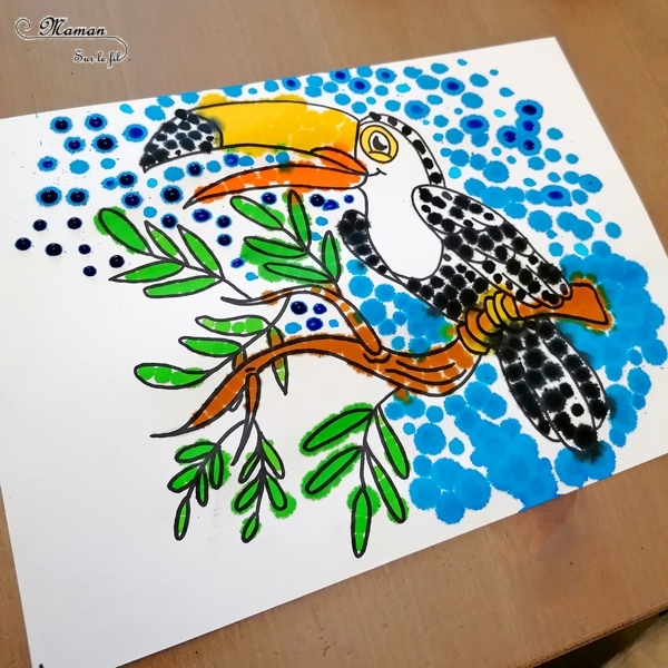 Activité créative enfants - Colorier un toucan avec des pipettes et des gouttes eau colorées - Motricité fine, patience et précision - Pipettes et encre - Pince et préhension doigts - Créativité - Amérique du Sud et Brésil- Découverte d'un pays - Espace et géographie - Animaux de la jungle et oiseaux - arts visuels et atelier maternelle et Cycle 1 et 2 - mslf