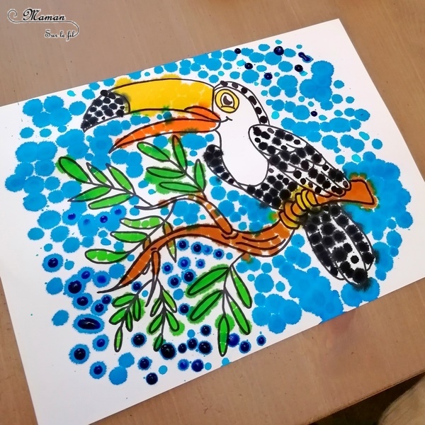 Activité créative enfants - Colorier un toucan avec des pipettes et des gouttes eau colorées - Motricité fine, patience et précision - Pipettes et encre - Pince et préhension doigts - Créativité - Amérique du Sud et Brésil- Découverte d'un pays - Espace et géographie - Animaux de la jungle et oiseaux - arts visuels et atelier maternelle et Cycle 1 et 2 - mslf