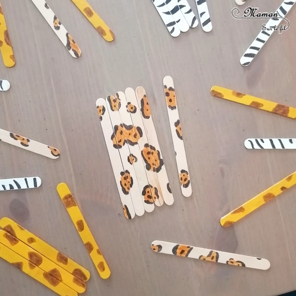 Activité créative et manuelle enfants - Fabriquer des puzzles Pelages d'animaux en récup' - Surcyclage, recyclage de bâtonnets de glace en bois - Dessin et peinture - Animaux de la savane et de la jungle - Girafes, Zèbres, Jaguars - Thème Brésil ou Kenya - arts visuels et Logique Maternelle et Elémentaire, Cycle 1 2 ou 3 - Découverte d'un pays, géographie - Amérique du Sud et Afrique - mslf