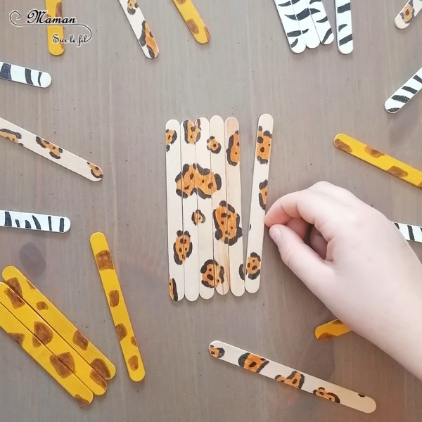 Activité créative et manuelle enfants - Fabriquer des puzzles Pelages d'animaux en récup' - Surcyclage, recyclage de bâtonnets de glace en bois - Dessin et peinture - Animaux de la savane et de la jungle - Girafes, Zèbres, Jaguars - Thème Brésil ou Kenya - arts visuels et Logique Maternelle et Elémentaire, Cycle 1 2 ou 3 - Découverte d'un pays, géographie - Amérique du Sud et Afrique - mslf