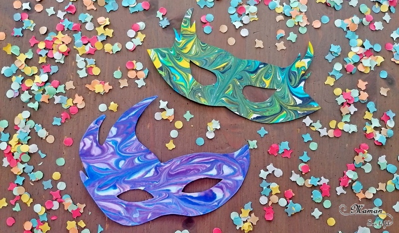 Activité manuelle et créative enfants - Fabriquer des masques marbrés pour le carnaval ou mardi-gras - Technique Mousse à raser et encre pour de jolies marbrures - Brésil et Carnaval de Rio - Bricolage DIY et Créativité - Masques fait maison pour la maternelle - arts visuels Elémentaire, Cycle 1 ou 2 - Découverte d'un pays, géographie - Amérique du Sud - mslf