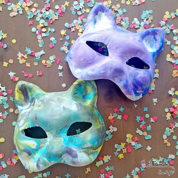 Activité manuelle et créative enfants - Fabriquer des masques marbrés pour le carnaval ou mardi-gras - Technique Mousse à raser et encre pour de jolies marbrures - Brésil et Carnaval de Rio - Bricolage DIY et Créativité - Masques fait maison pour la maternelle - arts visuels Elémentaire, Cycle 1 ou 2 - Découverte d'un pays, géographie - Amérique du Sud - mslf