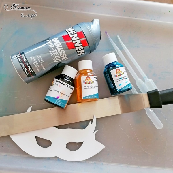 Activité manuelle et créative enfants - Fabriquer des masques marbrés pour le carnaval ou mardi-gras - Technique Mousse à raser et encre pour de jolies marbrures - Brésil et Carnaval de Rio - Bricolage DIY et Créativité - Masques fait maison pour la maternelle - arts visuels Elémentaire, Cycle 1 ou 2 - Découverte d'un pays, géographie - Amérique du Sud - mslf