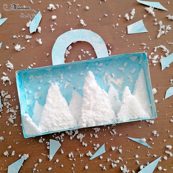 Activité enfants - Mettre les montagnes en valise - Mini tableau en récup' - Bricolage DIY facile - Invitation à jouer fait maison - Emballage, Polystyrène, peinture à l'éponge, découpage et collage - recyclage et surcyclage - Bricolage et Créativité Hiver - Neige, Paysage et Ski - arts visuels maternelle élémentaire- mslf