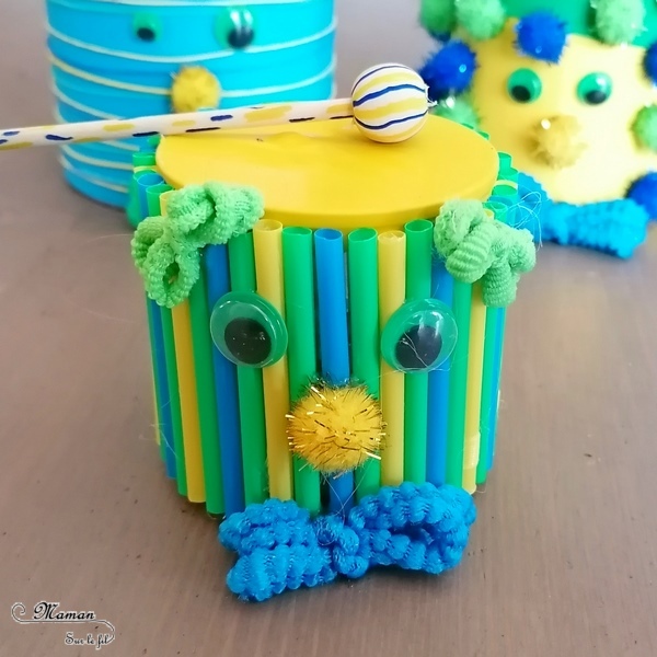 Activité manuelle et créative enfants - Fabriquer une famille de tambours aux couleurs du Brésil - Récup' et recyclage - Pour le carnaval ou mardi-gras - Jeu et bricolage DIY ou activité pour un anniversaire - Fait Maison - Utilisation de boîtes de conserve, de ballons, de pompons, de boutons, de pailles, d'élastiques - C'est la fête - Brésil et Carnaval de Rio - Bricolage DIY et Créativité - arts visuels Elémentaire ou Maternelle, Cycle 1 ou 2 - Découverte d'un pays, géographie - Amérique du Sud - mslf