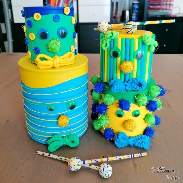 Activité manuelle et créative enfants - Fabriquer une famille de tambours aux couleurs du Brésil - Récup' et recyclage - Pour le carnaval ou mardi-gras - Jeu et bricolage DIY ou activité pour un anniversaire - Fait Maison - Utilisation de boîtes de conserve, de ballons, de pompons, de boutons, de pailles, d'élastiques - C'est la fête - Brésil et Carnaval de Rio - Bricolage DIY et Créativité - arts visuels Elémentaire ou Maternelle, Cycle 1 ou 2 - Découverte d'un pays, géographie - Amérique du Sud - mslf