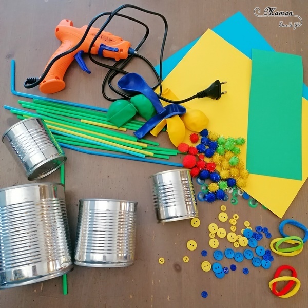 Activité manuelle et créative enfants - Fabriquer une famille de tambours aux couleurs du Brésil - Récup' et recyclage - Pour le carnaval ou mardi-gras - Jeu et bricolage DIY ou activité pour un anniversaire - Fait Maison - Utilisation de boîtes de conserve, de ballons, de pompons, de boutons, de pailles, d'élastiques - C'est la fête - Brésil et Carnaval de Rio - Bricolage DIY et Créativité - arts visuels Elémentaire ou Maternelle, Cycle 1 ou 2 - Découverte d'un pays, géographie - Amérique du Sud - mslf