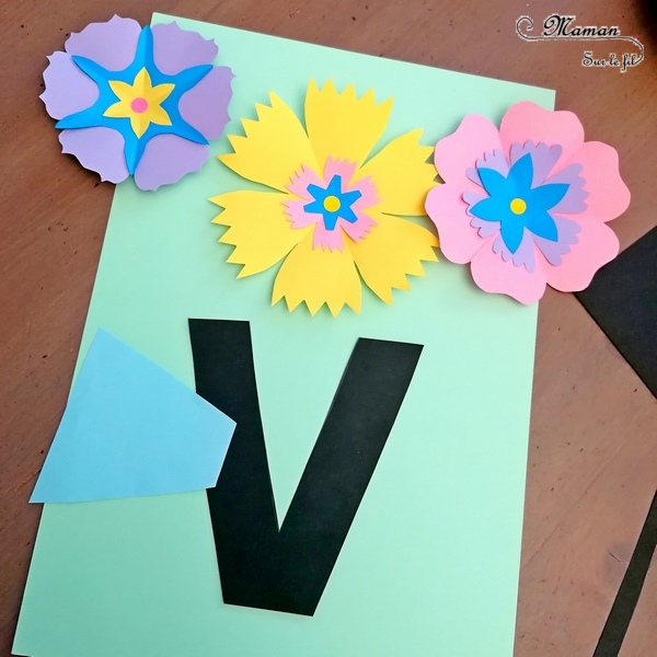 Abécédaire créatif - V comme Vase, Vache et Voiture - activité manuelle et créative enfants - Découpage et collage de papier pour faire de jolies fleurs colorées dans un vase (volume et printemps) - Utiliser les chutes de papier pour créer tâches de la vache - Peinture ludique avec une petite voiture - apprentissage lettres alphabet - maternelle - Alphabets lettres creuses gratuit - créative - Projet Maternelle Cycle 1 - mslf