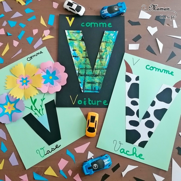 Abécédaire créatif - V comme Vase, Vache et Voiture - activité manuelle et créative enfants - Découpage et collage de papier pour faire de jolies fleurs colorées dans un vase (volume et printemps) - Utiliser les chutes de papier pour créer tâches de la vache - Peinture ludique avec une petite voiture - apprentissage lettres alphabet - maternelle - Alphabets lettres creuses gratuit - créative - Projet Maternelle Cycle 1 - mslf