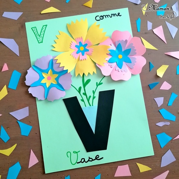 Abécédaire créatif - V comme Vase, Vache et Voiture - activité manuelle et créative enfants - Découpage et collage de papier pour faire de jolies fleurs colorées dans un vase (volume et printemps) - Utiliser les chutes de papier pour créer tâches de la vache - Peinture ludique avec une petite voiture - apprentissage lettres alphabet - maternelle - Alphabets lettres creuses gratuit - créative - Projet Maternelle Cycle 1 - mslf