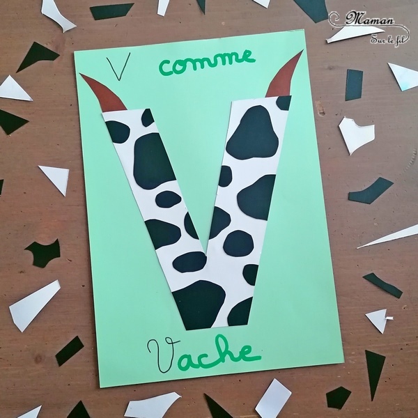 Abécédaire créatif - V comme Vase, Vache et Voiture - activité manuelle et créative enfants - Découpage et collage de papier pour faire de jolies fleurs colorées dans un vase (volume et printemps) - Utiliser les chutes de papier pour créer tâches de la vache - Peinture ludique avec une petite voiture - apprentissage lettres alphabet - maternelle - Alphabets lettres creuses gratuit - créative - Projet Maternelle Cycle 1 - mslf