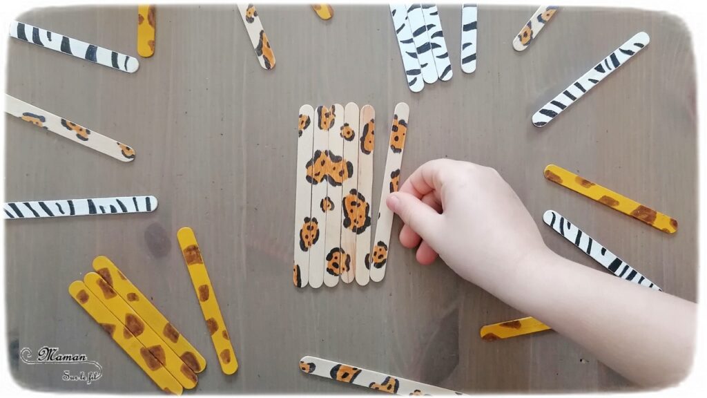 Activité créative et manuelle enfants - Fabriquer des puzzles Pelages animaux en récup' - Surcyclage, recyclage de bâtonnets de glace en bois - Dessin et peinture - Animaux de la savane et de la jungle - Girafes, Zèbres, Jaguars - Thème Brésil ou Kenya - arts visuels et Logique Maternelle et Elémentaire, Cycle 1 2 ou 3 - Découverte d'un pays, géographie - Amérique du Sud et Afrique - mslf