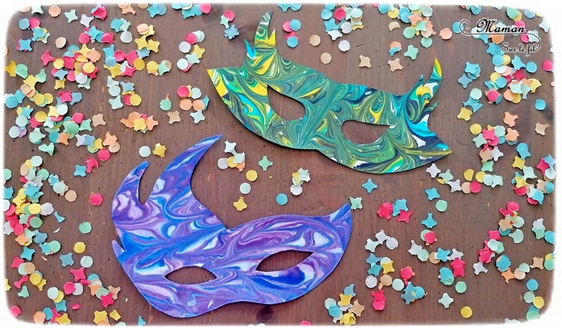 Activité manuelle et créative enfants - Fabriquer des masques marbrés pour le carnaval ou mardi-gras - Technique Mousse à raser et encre pour de jolies marbrures - Brésil et Carnaval de Rio - Bricolage DIY et Créativité - Masques fait maison pour la maternelle - arts visuels Elémentaire, Cycle 1 ou 2 - Découverte d'un pays, géographie - Amérique du Sud - mslf