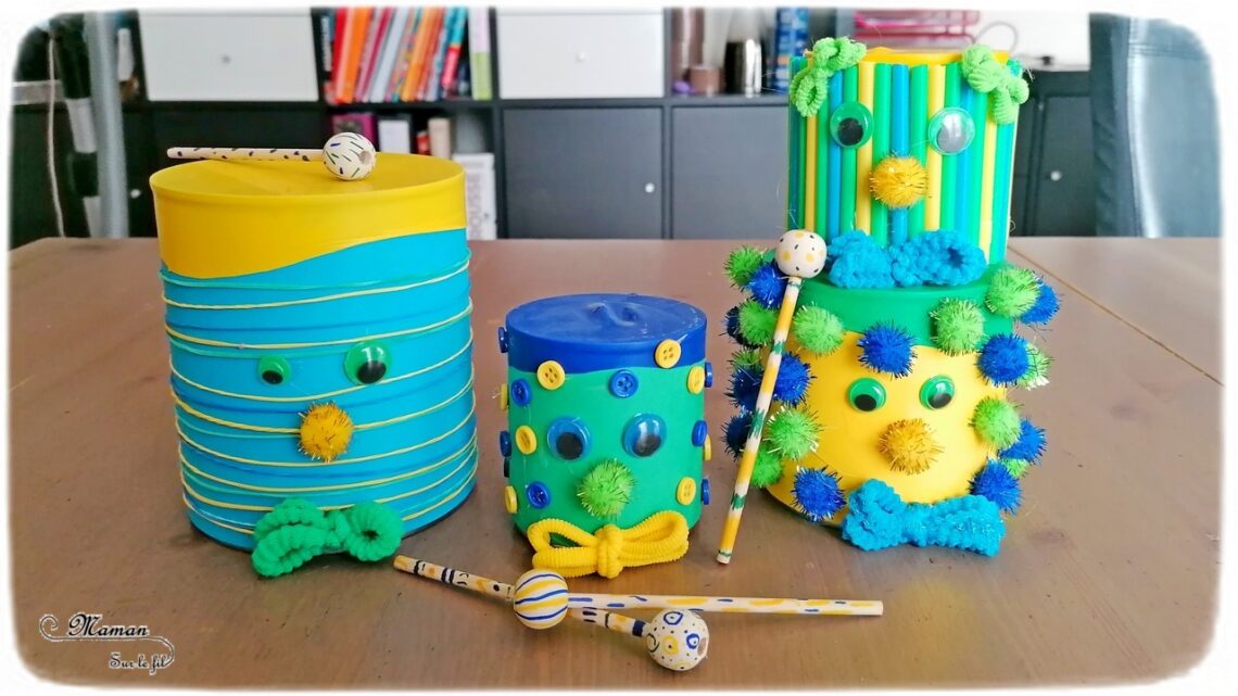 Activité manuelle et créative enfants - Fabriquer une famille de tambours aux couleurs du Brésil - Récup' et recyclage - Pour le carnaval ou mardi-gras - Jeu et bricolage DIY ou activité pour un anniversaire - Fait Maison - Utilisation de boîtes de conserve, de ballons, de pompons, de boutons, de pailles, d'élastiques - C'est la fête - Brésil et Carnaval de Rio - Bricolage DIY et Créativité - arts visuels Elémentaire ou Maternelle, Cycle 1 ou 2 - Découverte d'un pays, géographie - Amérique du Sud - mslf