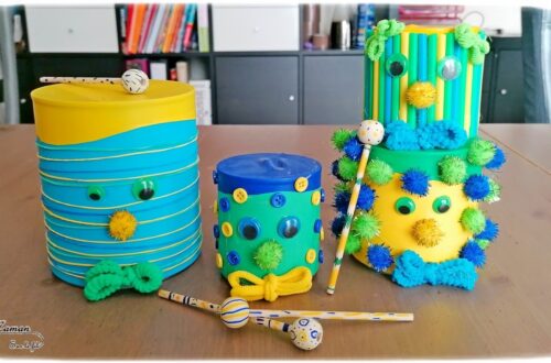 Activité manuelle et créative enfants - Fabriquer une famille de tambours aux couleurs du Brésil - Récup' et recyclage - Pour le carnaval ou mardi-gras - Jeu et bricolage DIY ou activité pour un anniversaire - Fait Maison - Utilisation de boîtes de conserve, de ballons, de pompons, de boutons, de pailles, d'élastiques - C'est la fête - Brésil et Carnaval de Rio - Bricolage DIY et Créativité - arts visuels Elémentaire ou Maternelle, Cycle 1 ou 2 - Découverte d'un pays, géographie - Amérique du Sud - mslf